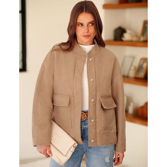 Women camel  Winter Fleece Jacket Long Sleeve Casual Button Fuzzy Sherpa Crop - Picture 2 of 5